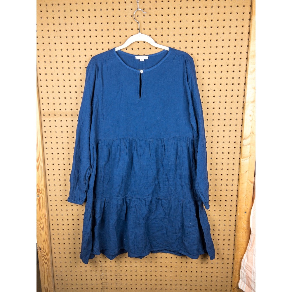 Beachlunchlounge Navy Blue Cotton Gauze Tiered Mini Dress XL LSD4256 Long Sleeve